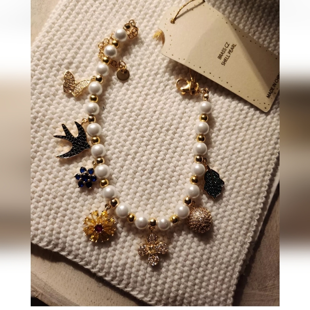 Charm Cz Brass Charm Pearl Bracelet NEW
